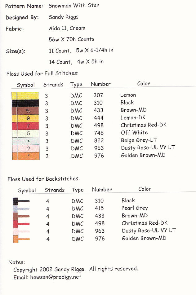 Snowman And Star Cross Stitch floss list and info