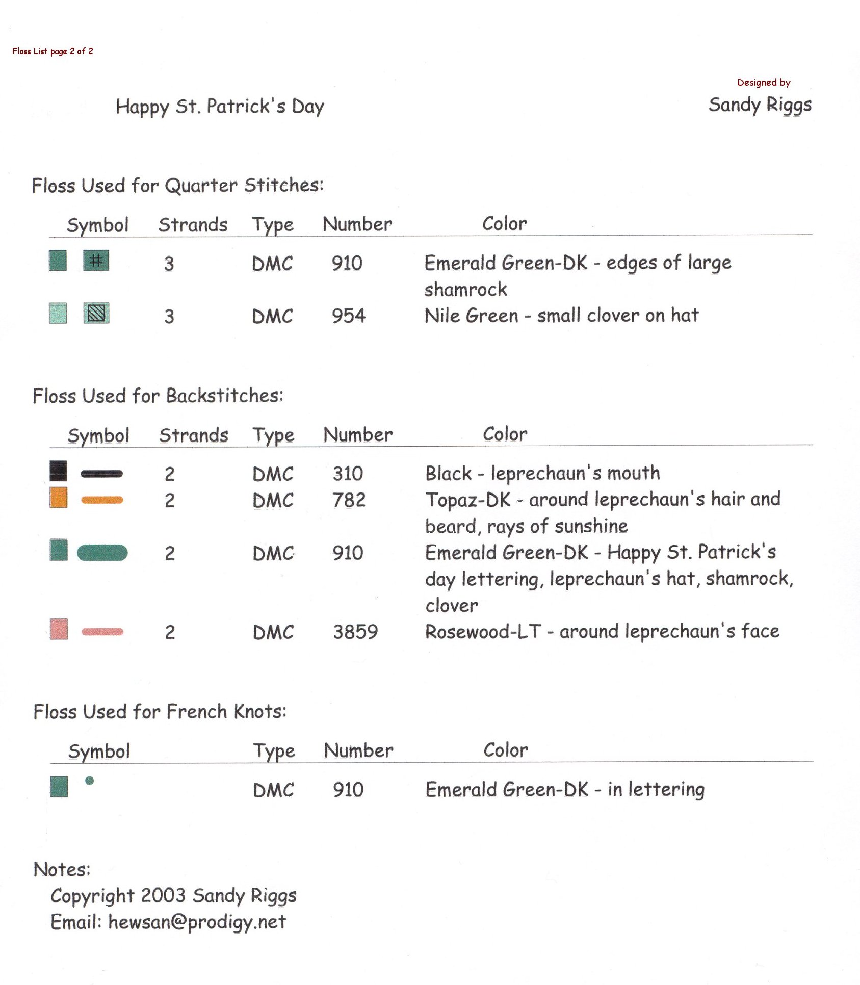 st. patrick's day cross stitch floss list page 2 of 2